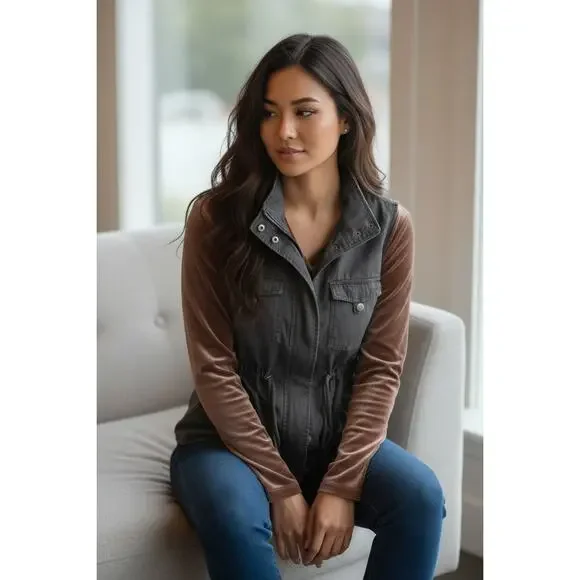 Pleione Utility Cargo Vest Jacket Gray Drawstring Waist Pockets Size S - Picture 2 of 9